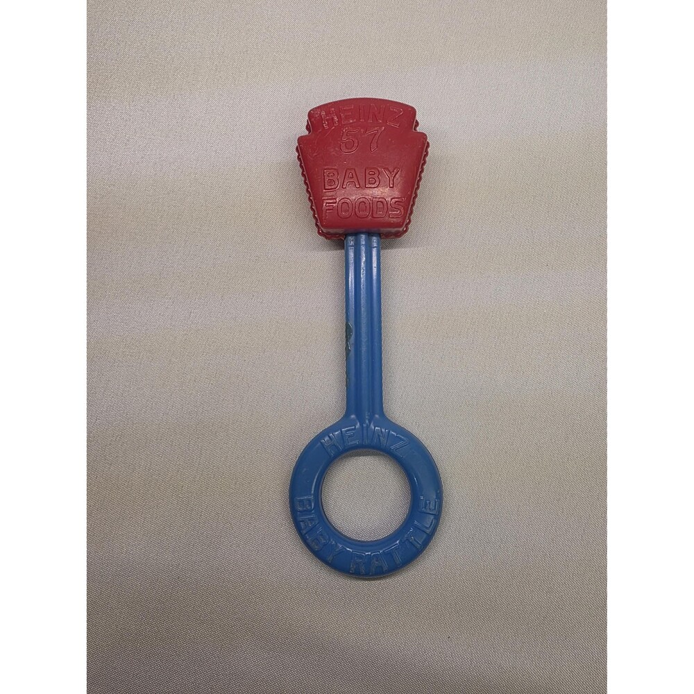Vintage Heinz 57 Baby Foods promotional baby rattle nostalgic red and blue